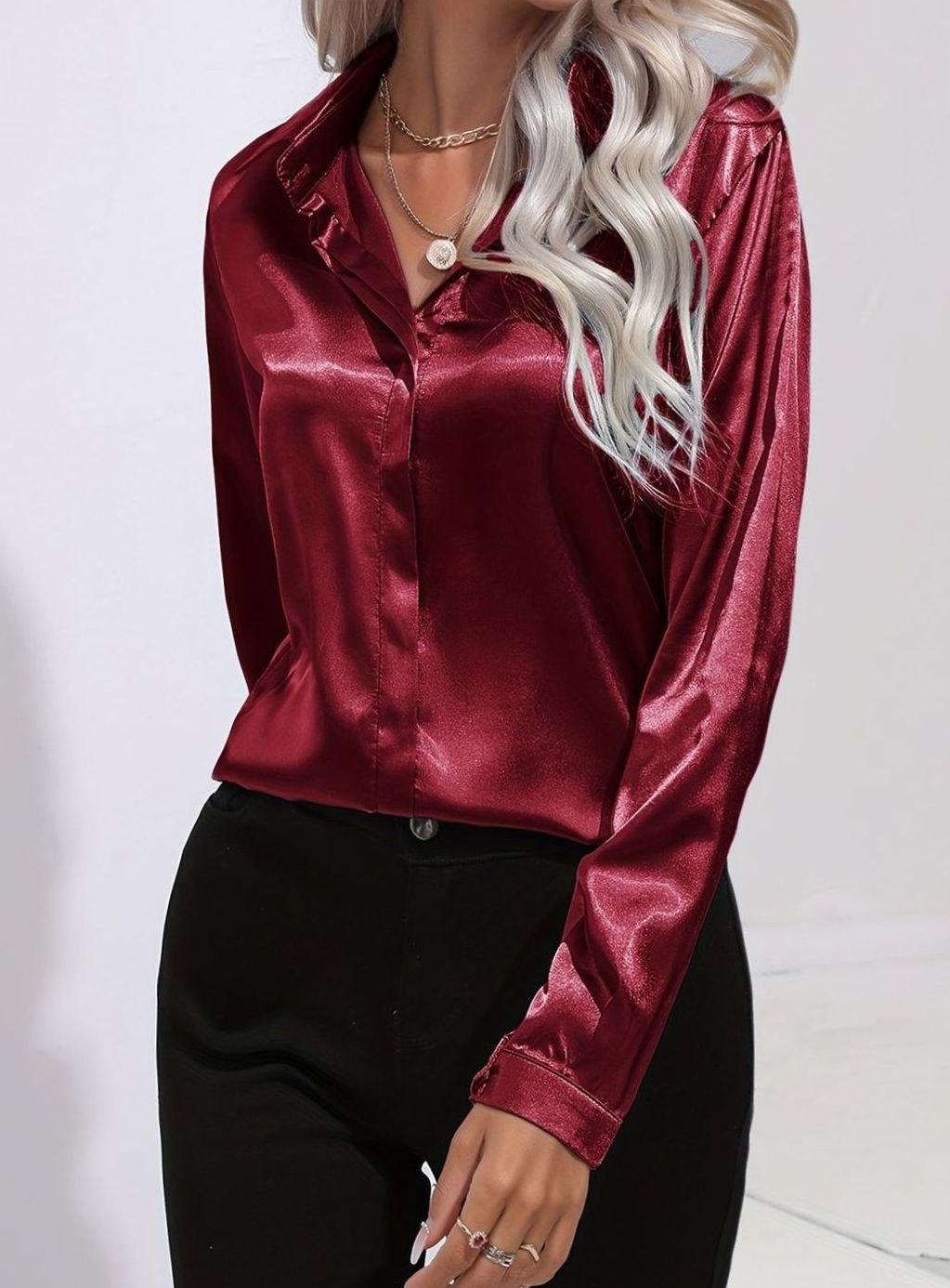 Women's Long Sleeve Button-Down Satin Blouse