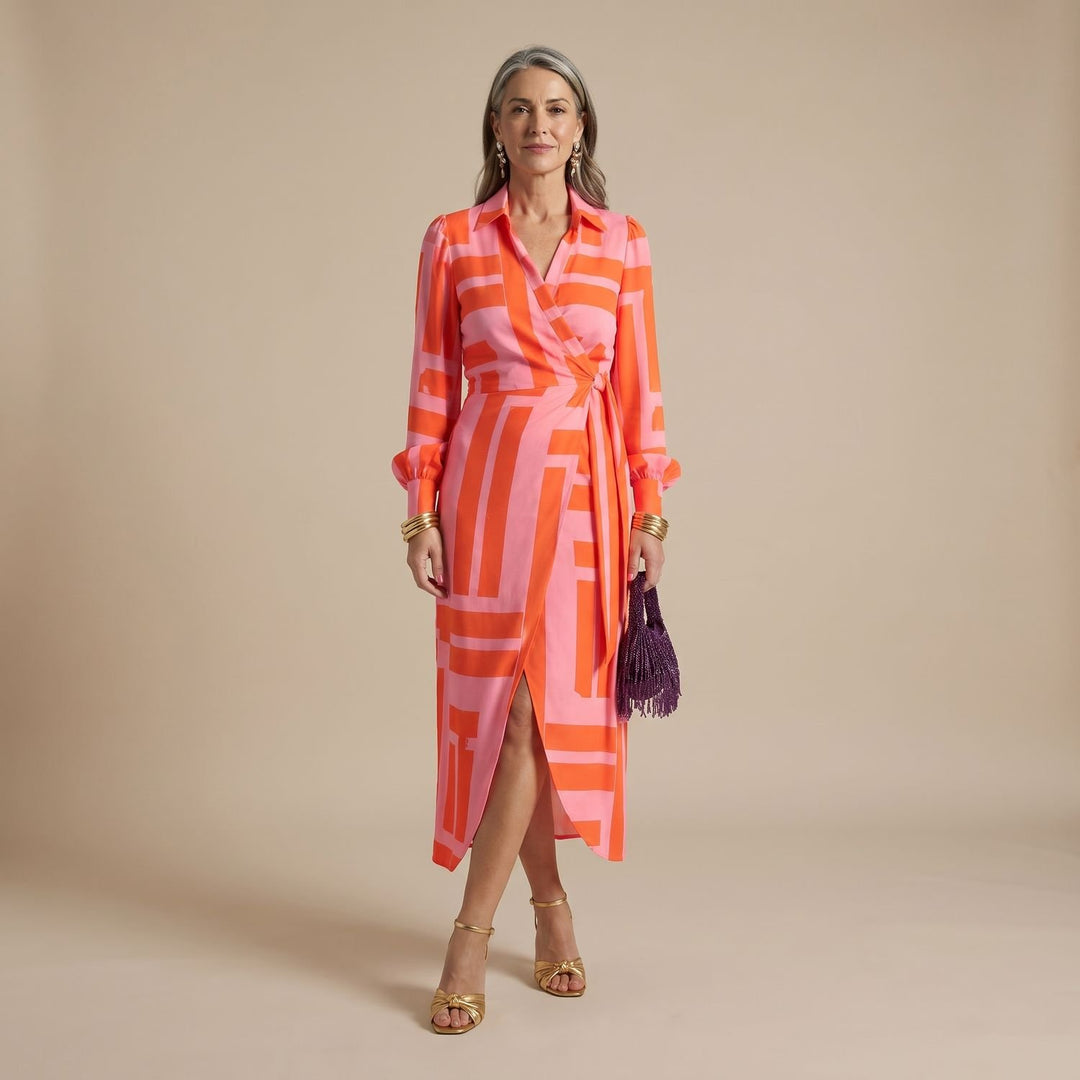 Women's Long-Sleeve Collared Wrap Midi Dress Bold Geometric Print