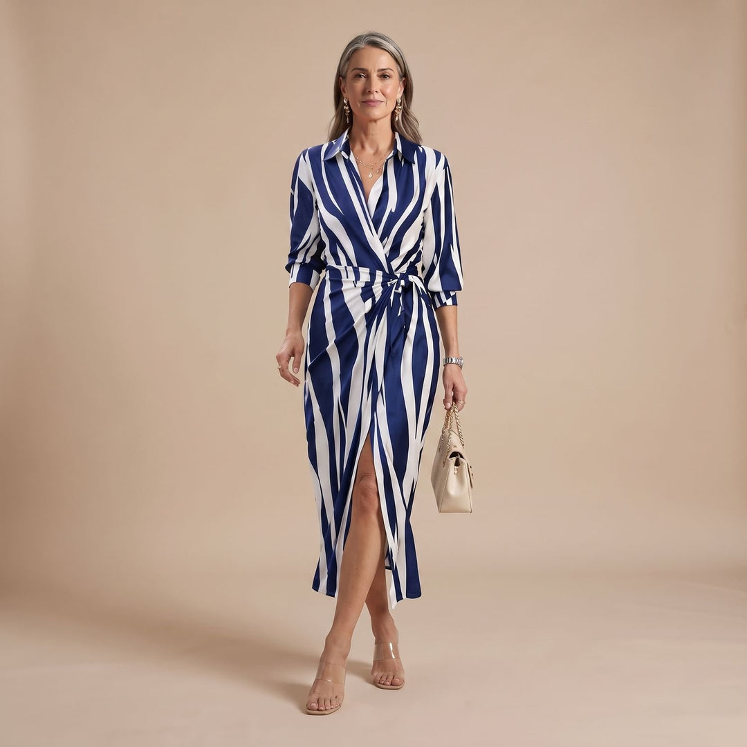 Women's Long-Sleeve Collared Wrap Midi Dress Bold Geometric Print