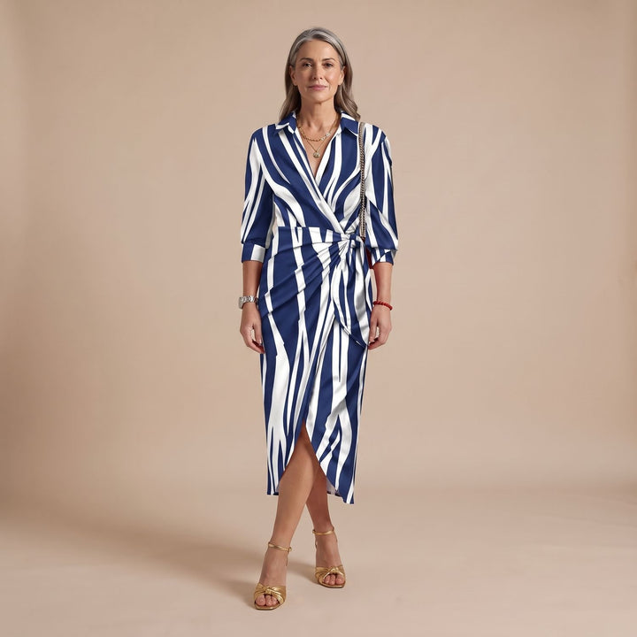 Women's Long-Sleeve Collared Wrap Midi Dress Bold Geometric Print - Navy