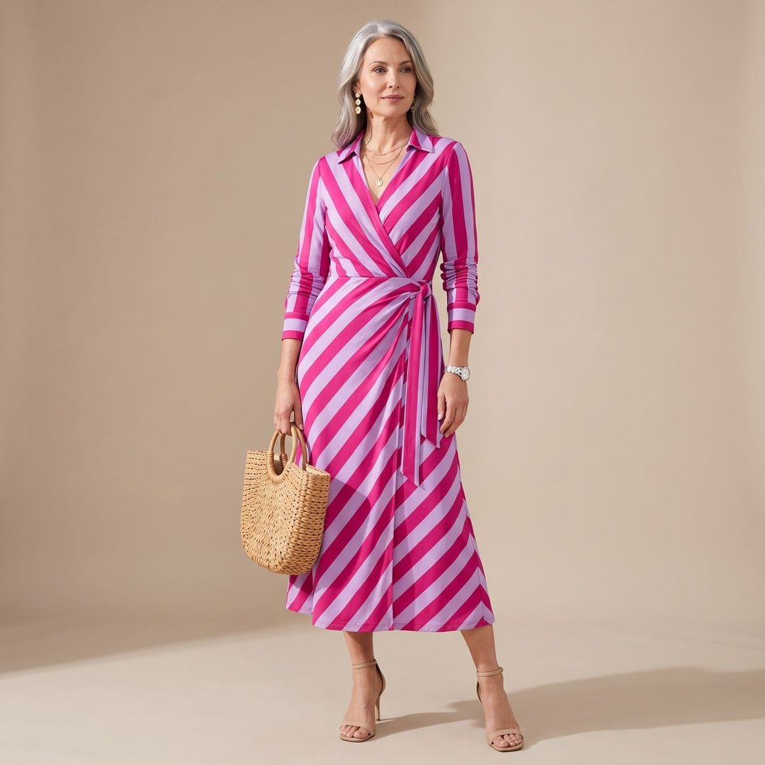 Women's Long-Sleeve Collared Wrap Midi Dress Bold Geometric Print