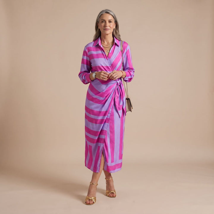 Women's Long-Sleeve Collared Wrap Midi Dress Bold Geometric Print - Lilac