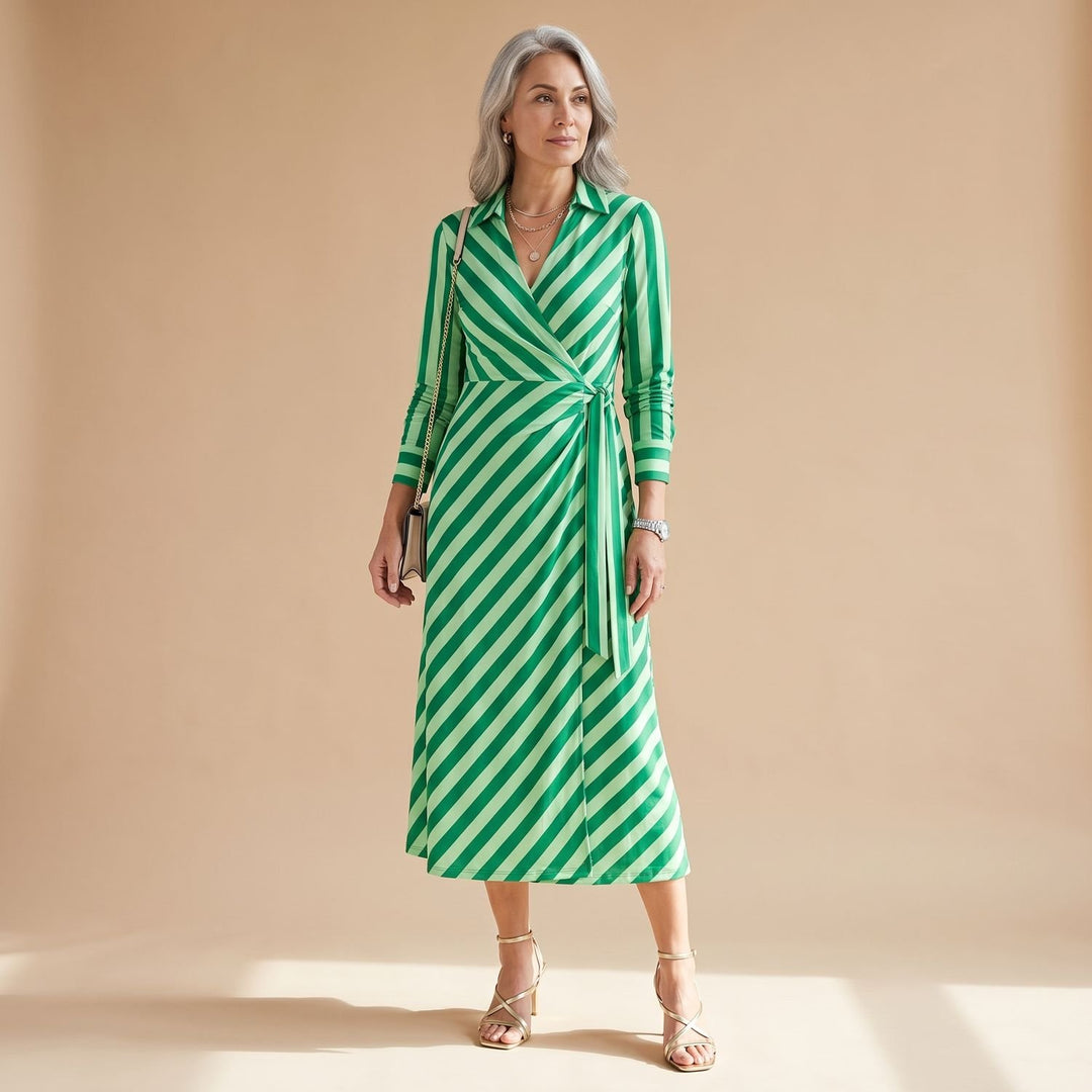 Women's Long-Sleeve Collared Wrap Midi Dress Bold Geometric Print