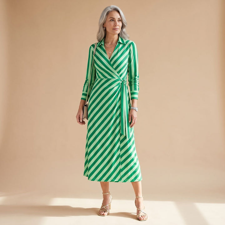 Women's Long-Sleeve Collared Wrap Midi Dress Bold Geometric Print