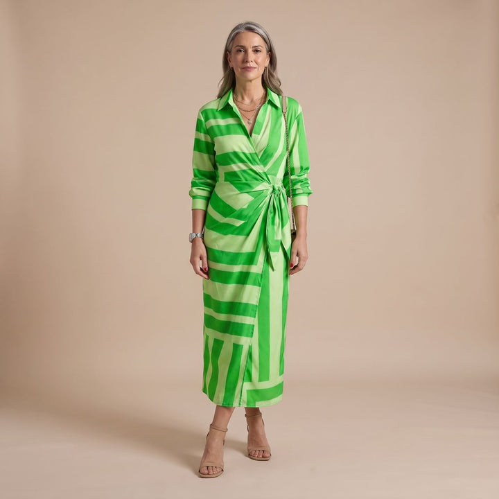 Women's Long-Sleeve Collared Wrap Midi Dress Bold Geometric Print - Green