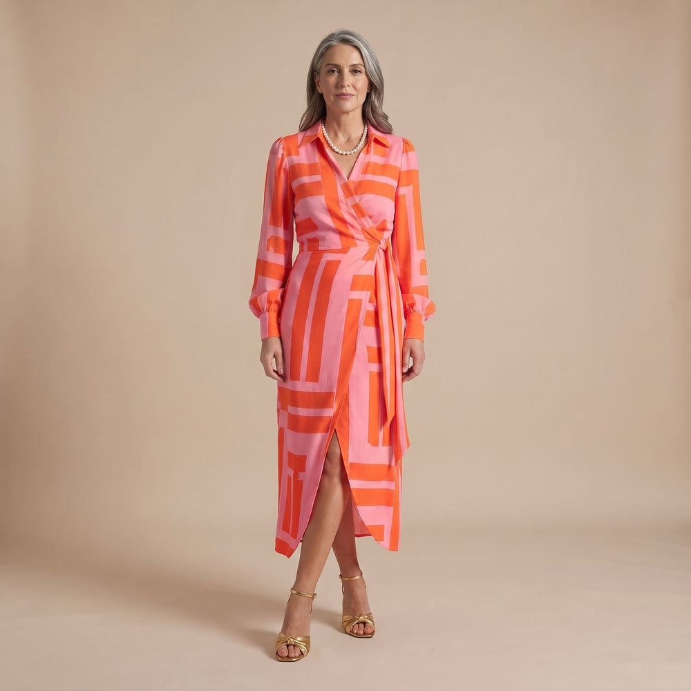 Women's Long-Sleeve Collared Wrap Midi Dress Bold Geometric Print