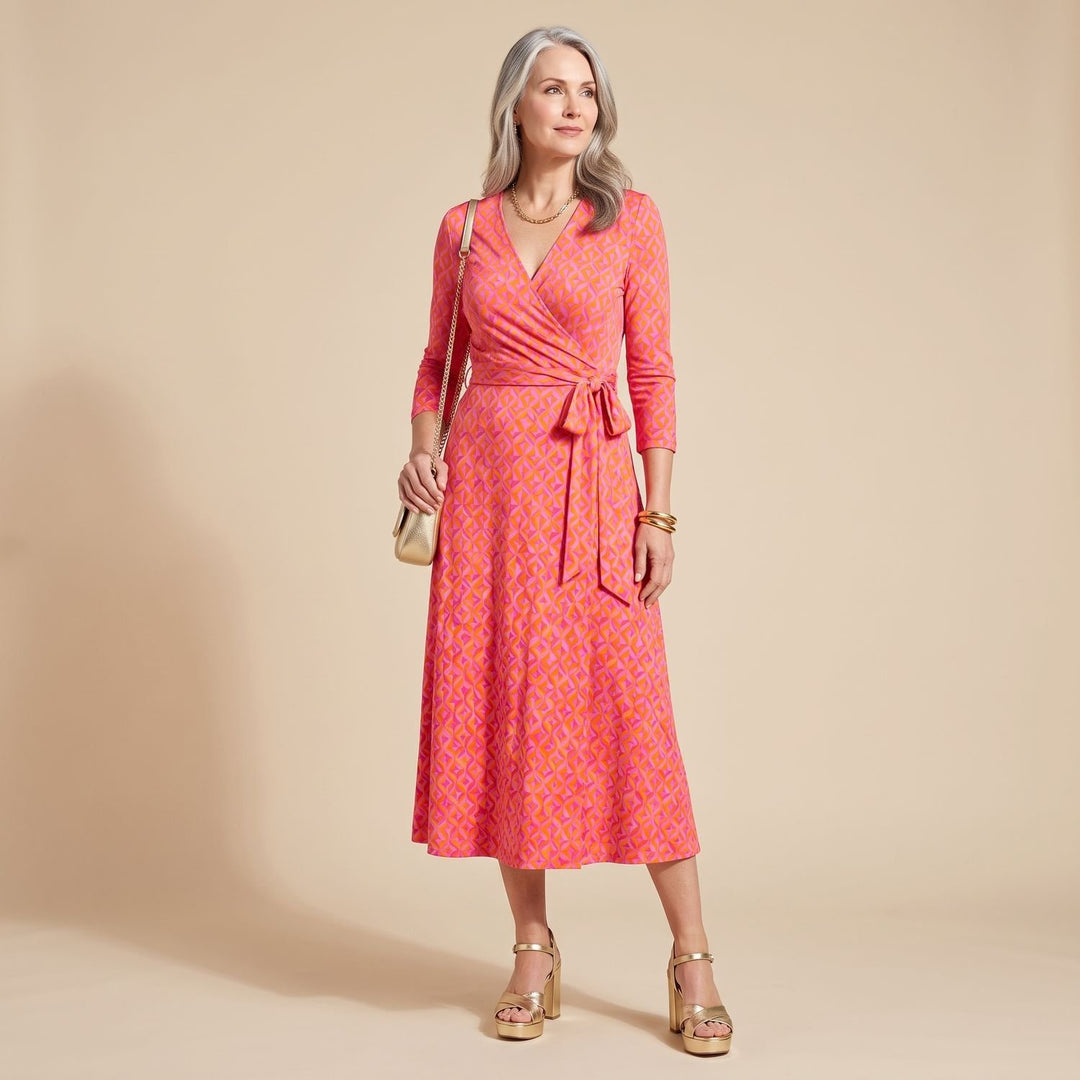 Women's Long-Sleeve Collared Wrap Midi Dress Bold Geometric Print