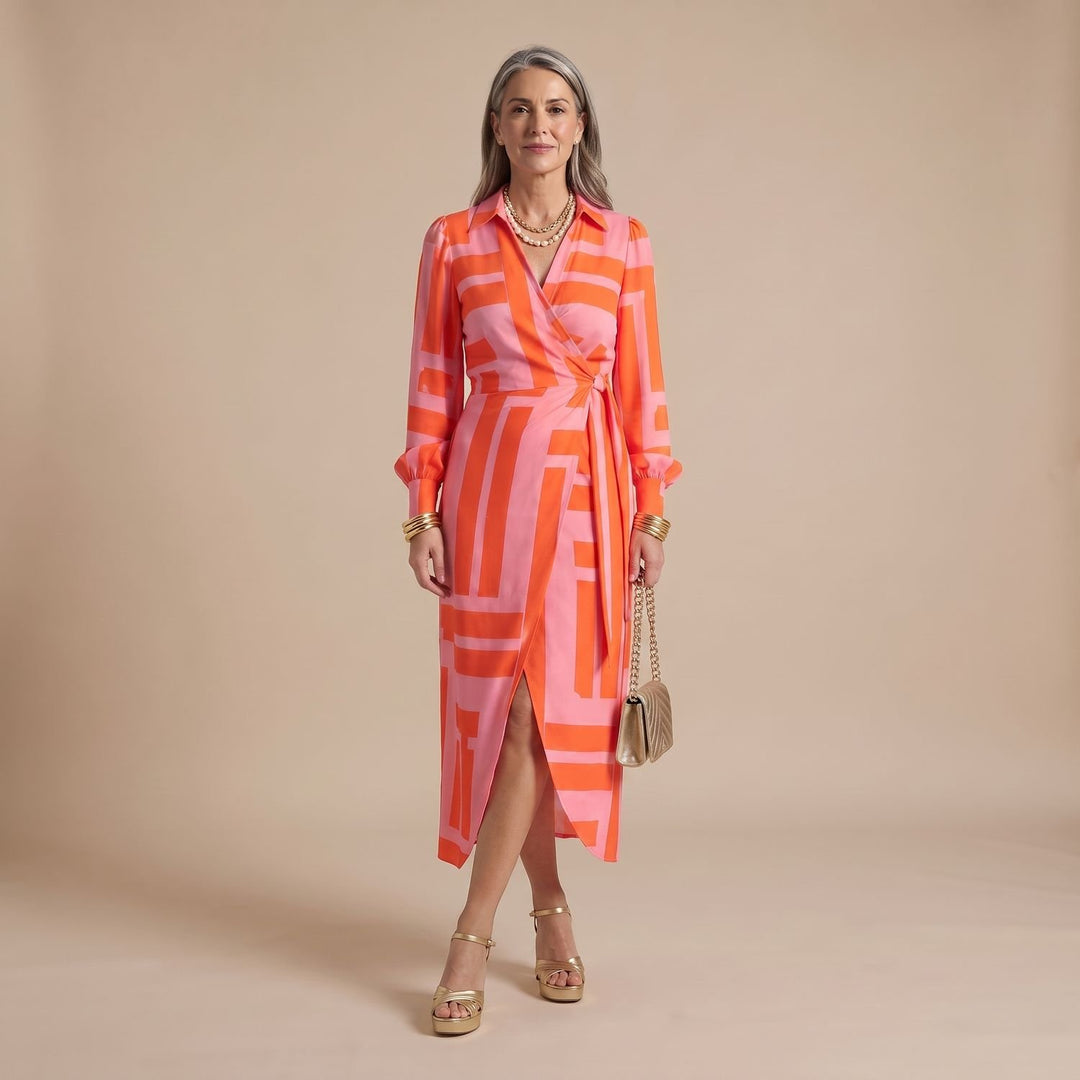 Women's Long-Sleeve Collared Wrap Midi Dress Bold Geometric Print