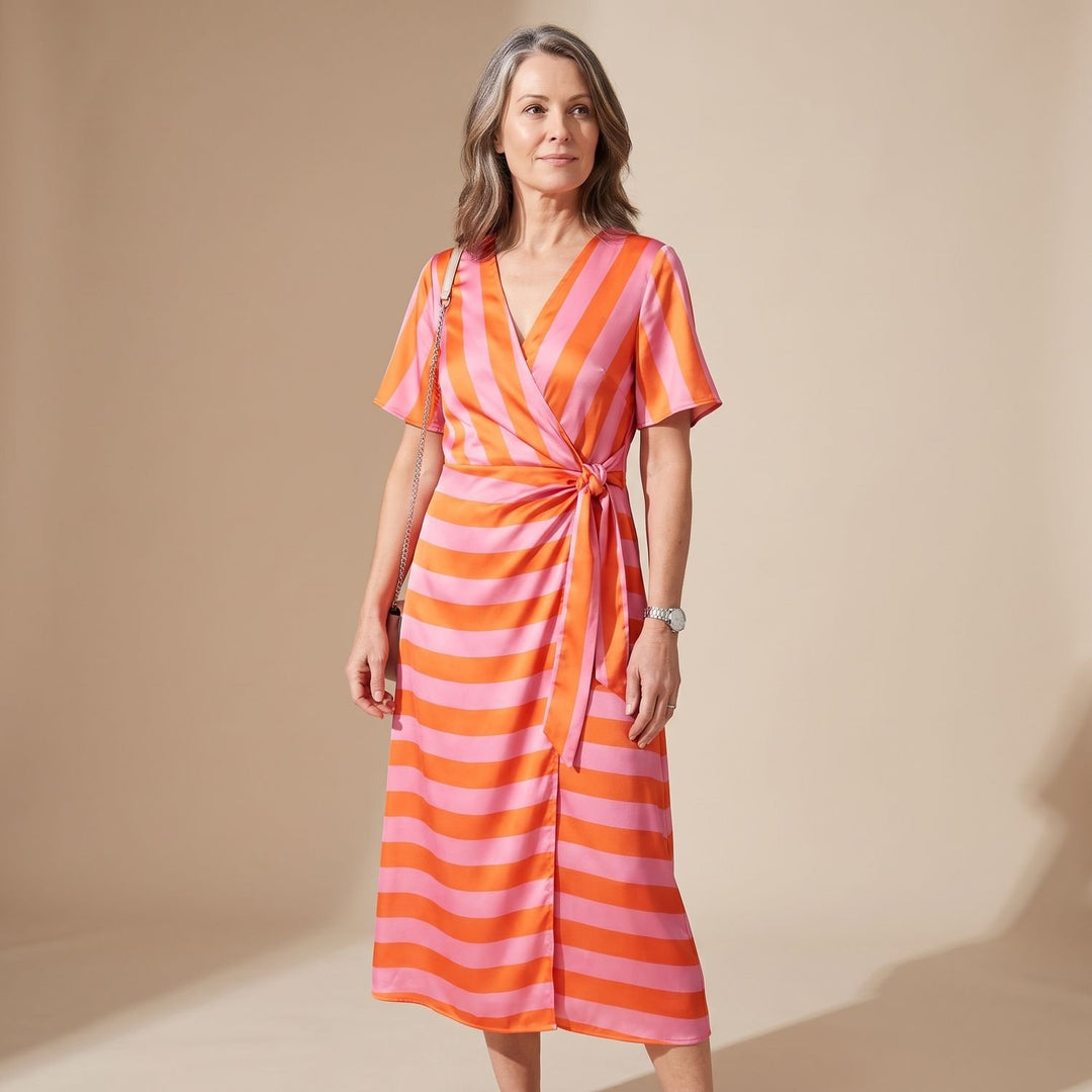 Women's Long-Sleeve Collared Wrap Midi Dress Bold Geometric Print - Orange/Pink