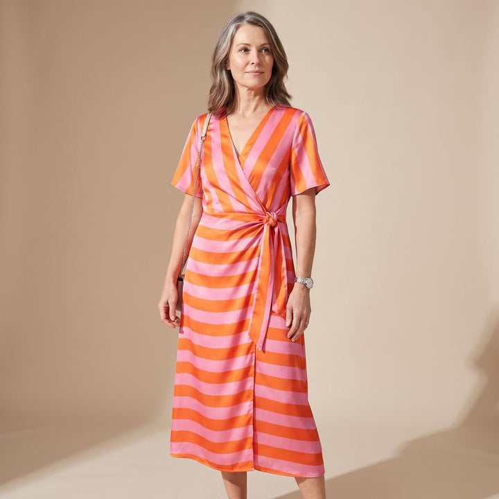Women's Long-Sleeve Collared Wrap Midi Dress Bold Geometric Print - Orange/Pink