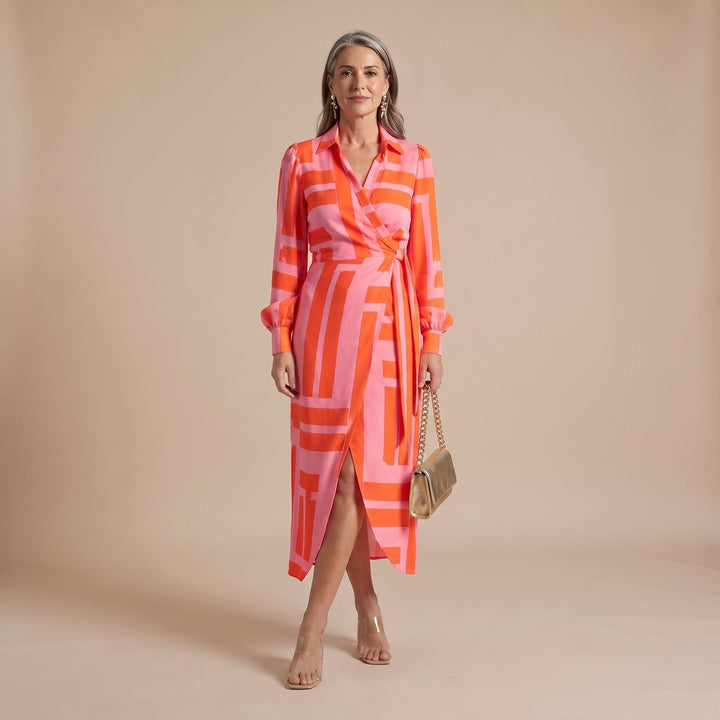 Women's Long-Sleeve Collared Wrap Midi Dress Bold Geometric Print