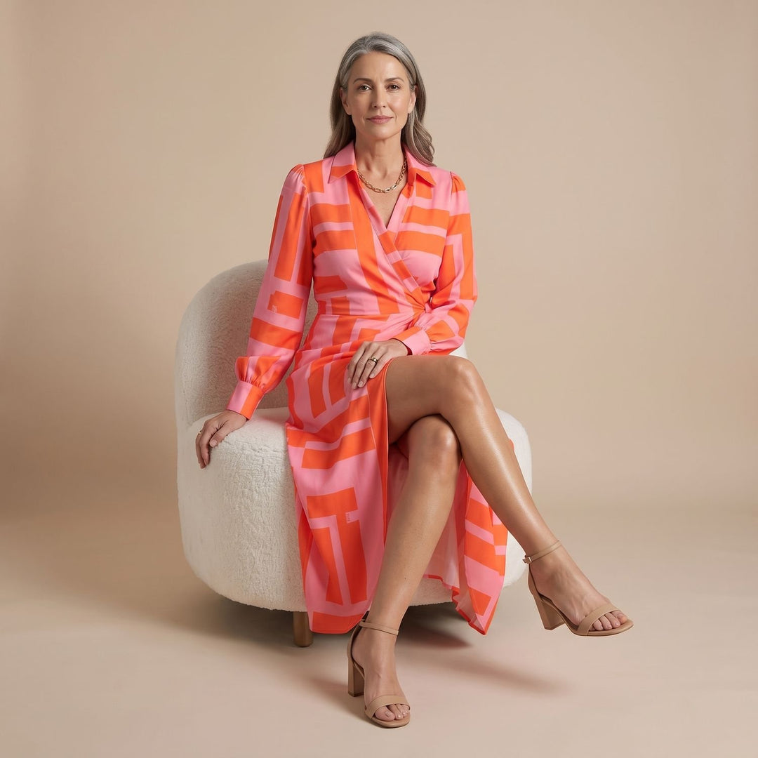 Women's Long-Sleeve Collared Wrap Midi Dress Bold Geometric Print