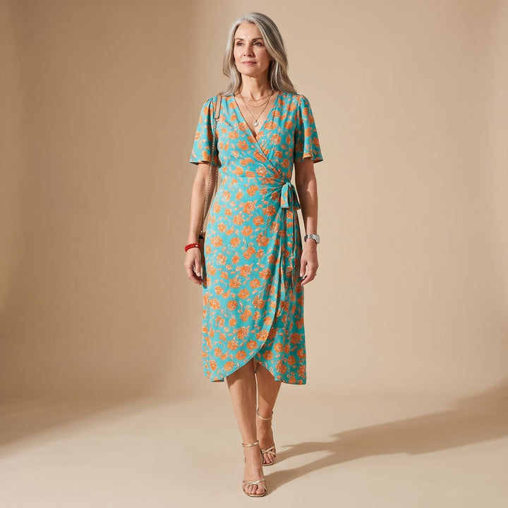 Women's Long-Sleeve Collared Wrap Midi Dress Bold Geometric Print