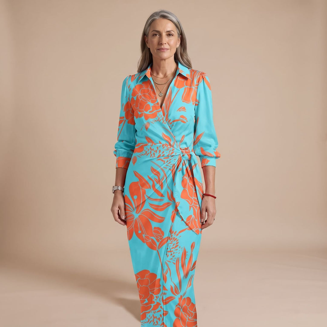 Women's Long-Sleeve Collared Wrap Midi Dress Bold Geometric Print - Turquoise