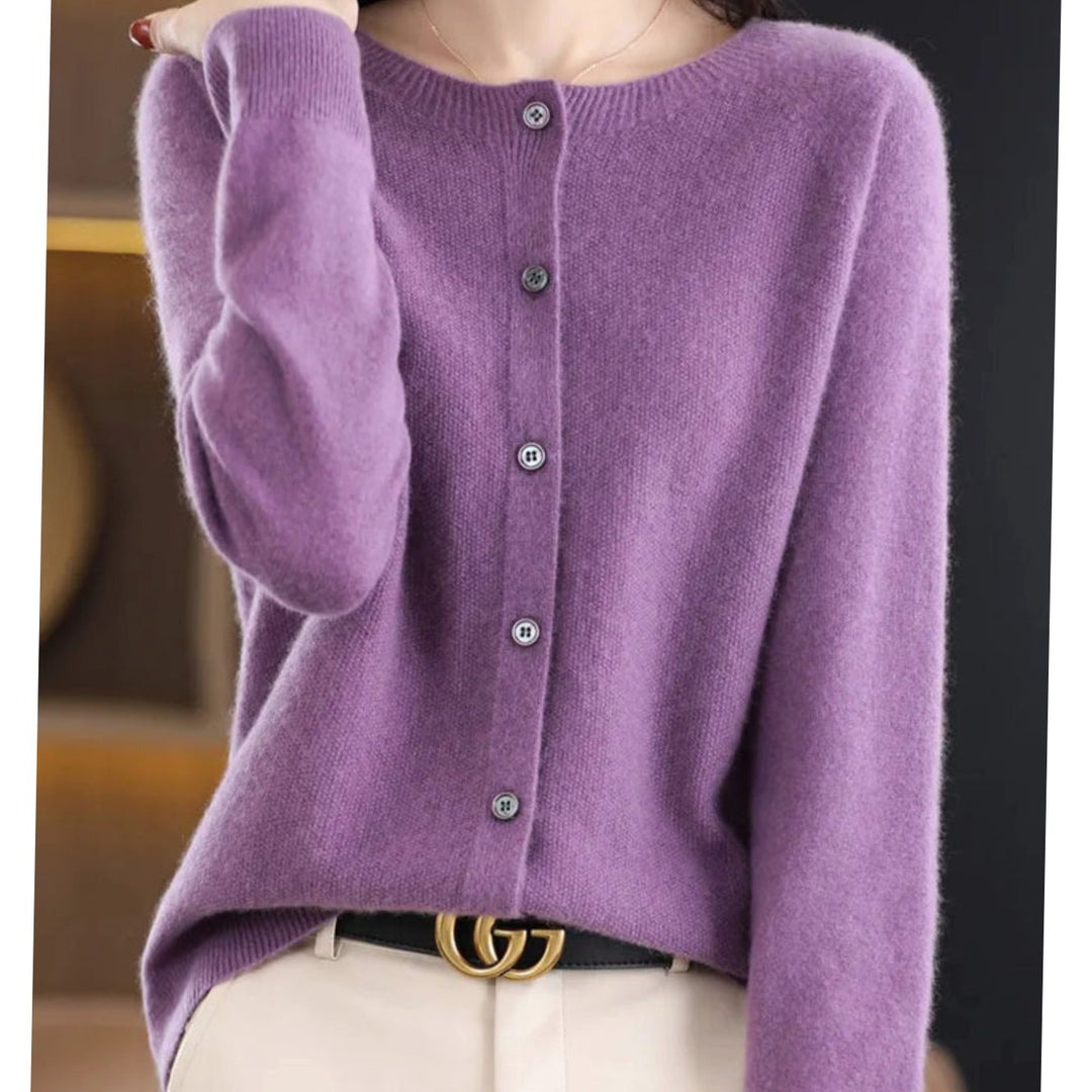Women's Long-Sleeve Crew-Neck Button Merino Wool Cardigan Sweater - Purple