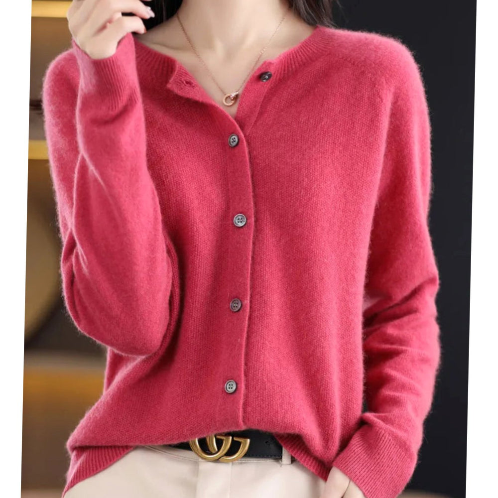 Women's Long-Sleeve Crew-Neck Button Merino Wool Cardigan Sweater - Dark Pink