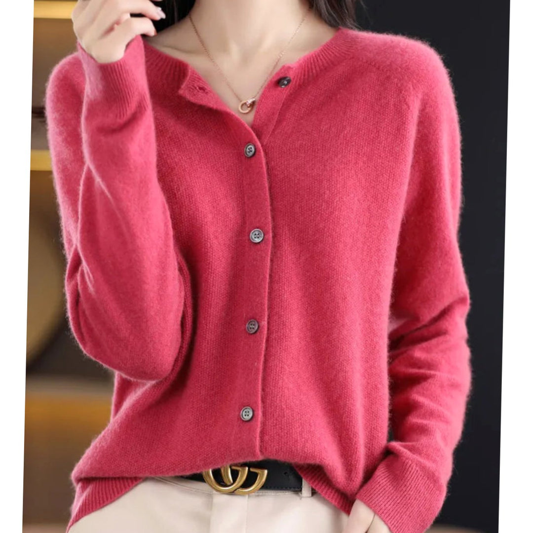 Women's Long-Sleeve Crew-Neck Button Merino Wool Cardigan Sweater - Dark Pink
