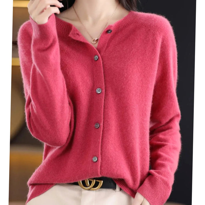 Women's Long-Sleeve Crew-Neck Button Merino Wool Cardigan Sweater - Dark Pink