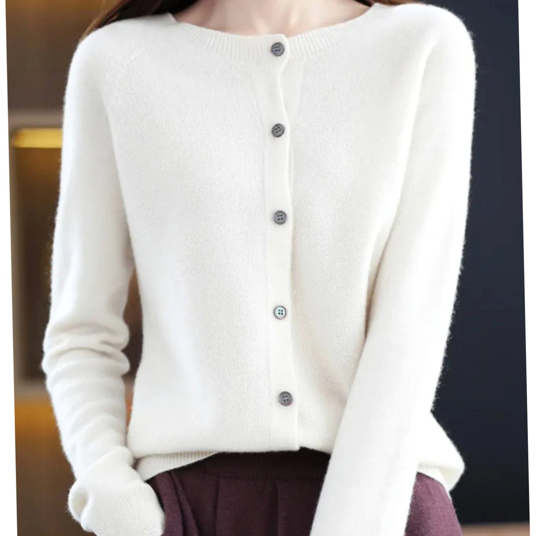 Women's Long-Sleeve Crew-Neck Button Merino Wool Cardigan Sweater - White