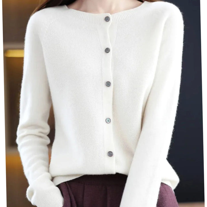 Women's Long-Sleeve Crew-Neck Button Merino Wool Cardigan Sweater - White
