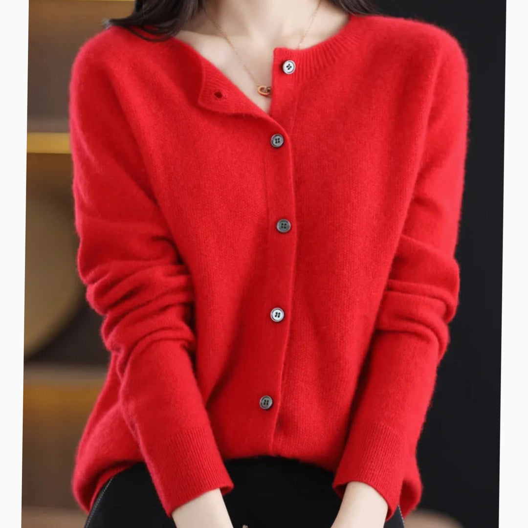 Women's Long-Sleeve Crew-Neck Button Merino Wool Cardigan Sweater - Red