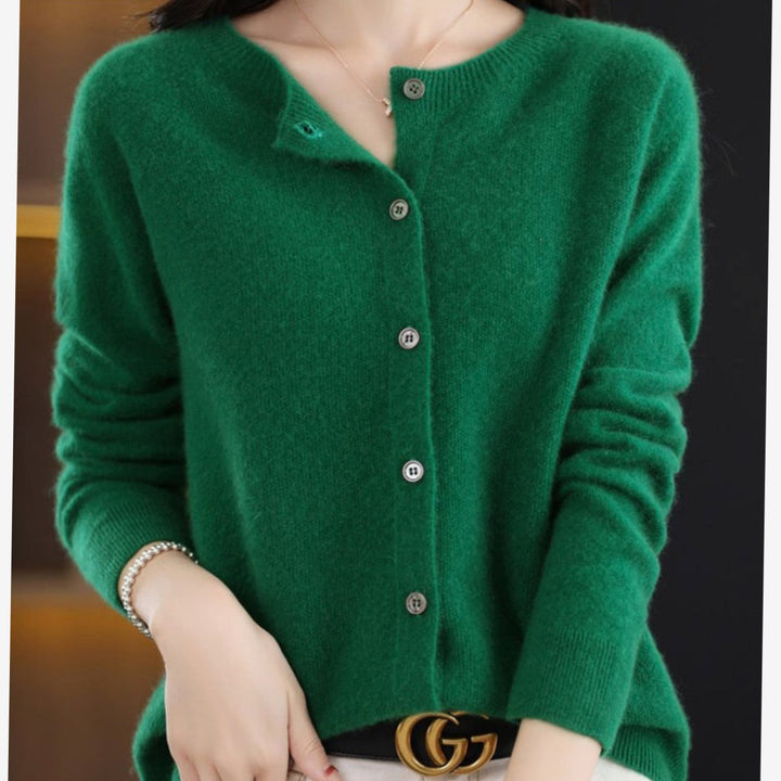 Women's Long-Sleeve Crew-Neck Button Merino Wool Cardigan Sweater - Dark Green