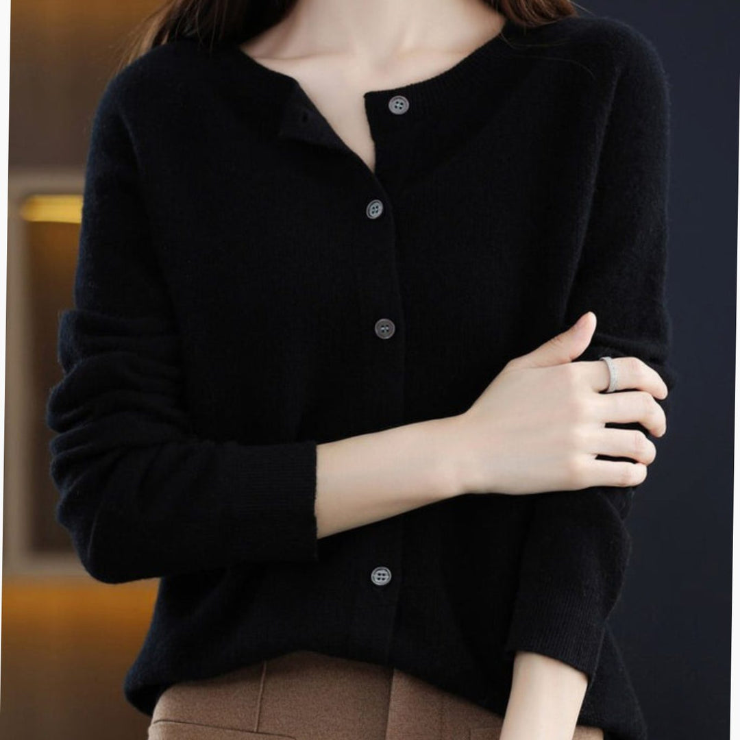 Women's Long-Sleeve Crew-Neck Button Merino Wool Cardigan Sweater - Black