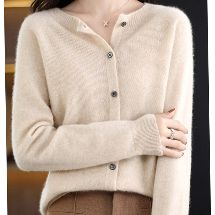 Women's Long-Sleeve Crew-Neck Button Merino Wool Cardigan Sweater