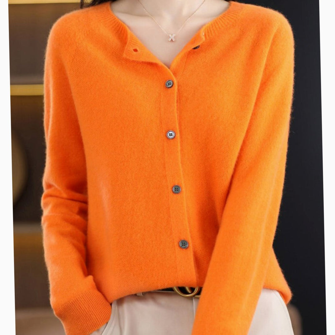 Women's Long-Sleeve Crew-Neck Button Merino Wool Cardigan Sweater - Orange