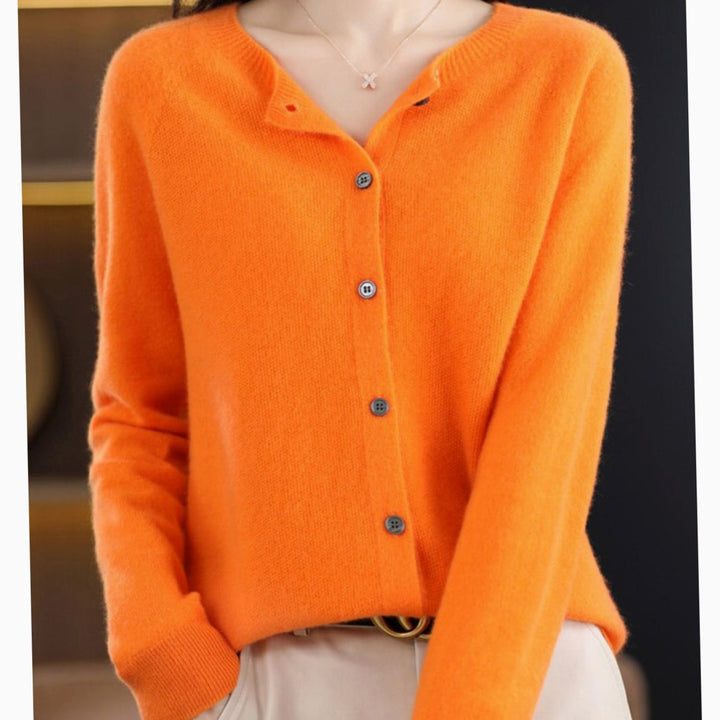 Women's Long-Sleeve Crew-Neck Button Merino Wool Cardigan Sweater - Orange