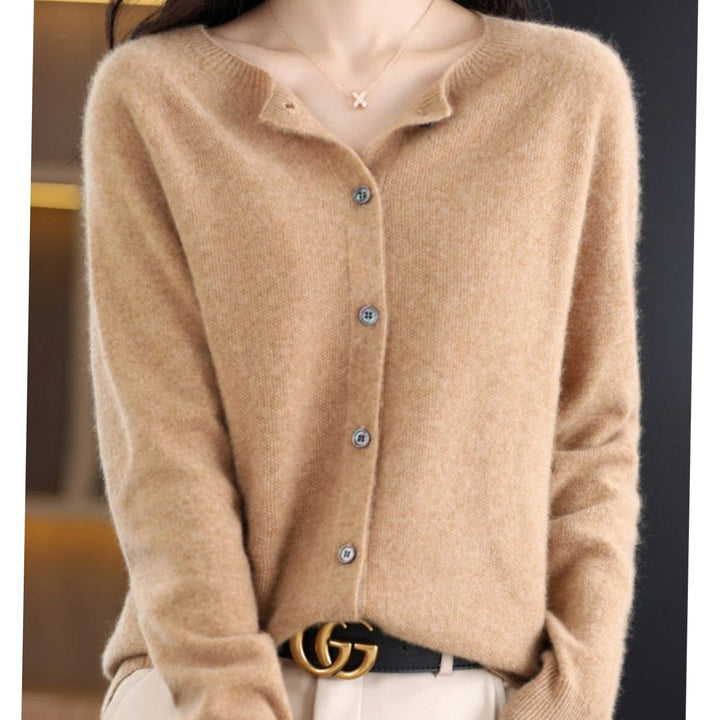 Women's Long-Sleeve Crew-Neck Button Merino Wool Cardigan Sweater - Beige