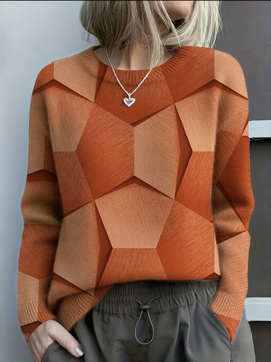 Women's Long-Sleeve Geometric Print Knit Sweater Crewneck Top - Orange
