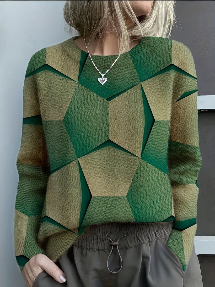 Women's Long-Sleeve Geometric Print Knit Sweater Crewneck Top - Green