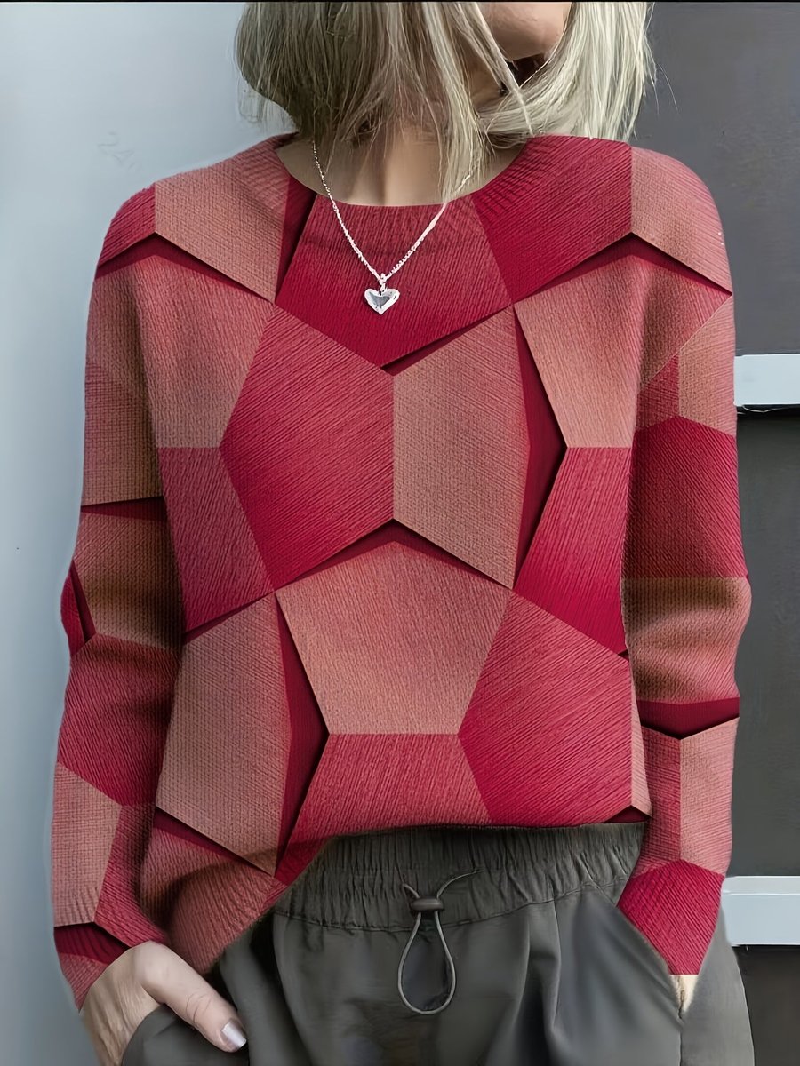 Women's Long-Sleeve Geometric Print Knit Sweater Crewneck Top - Red