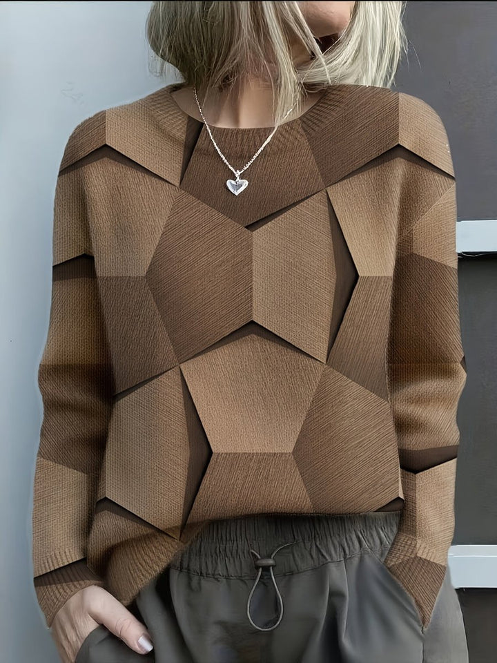 Women's Long-Sleeve Geometric Print Knit Sweater Crewneck Top - Brown