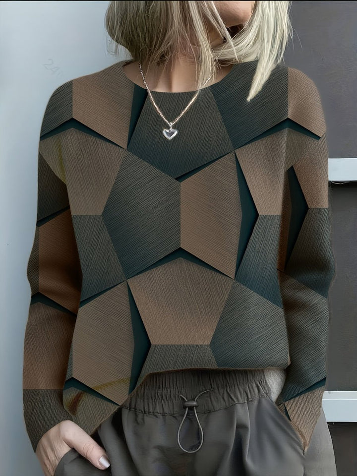 Women's Long-Sleeve Geometric Print Knit Sweater Crewneck Top - Black