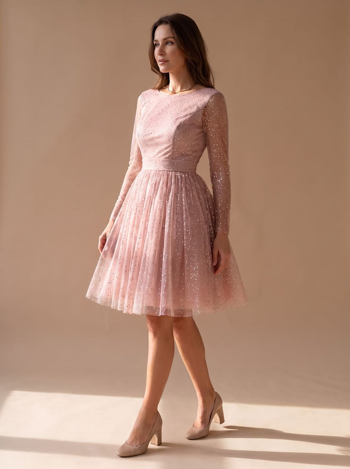 Women's Long-Sleeve Glitter Tulle A-Line Occasion Dress