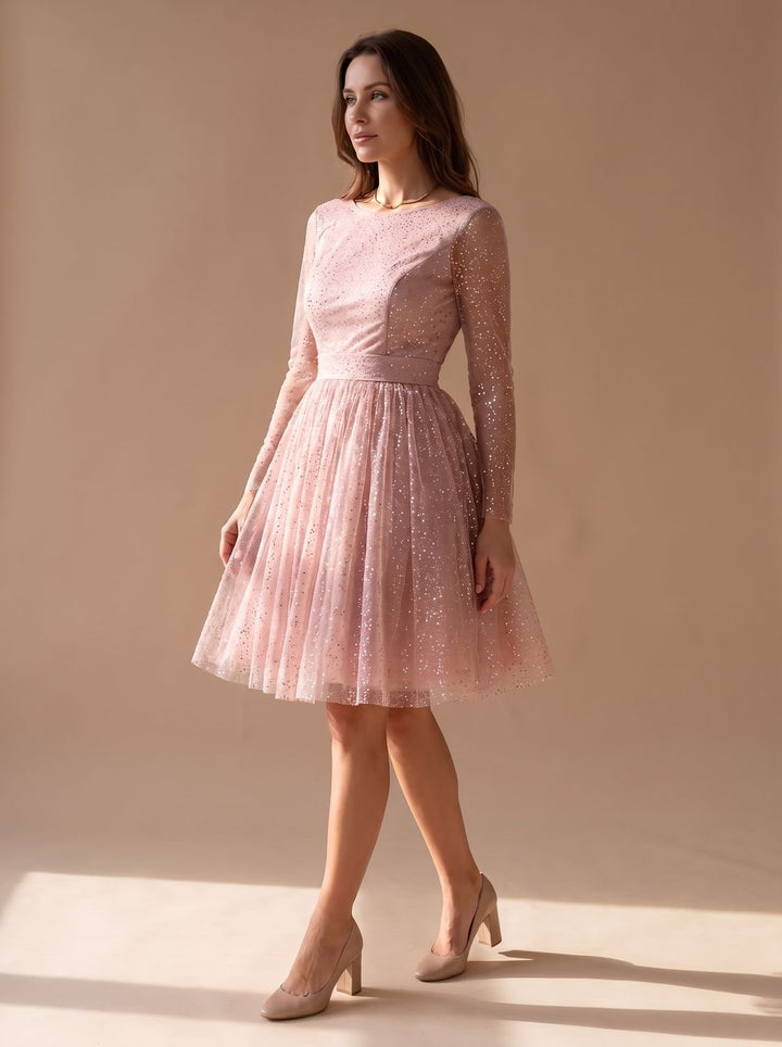 Women's Long-Sleeve Glitter Tulle A-Line Occasion Dress
