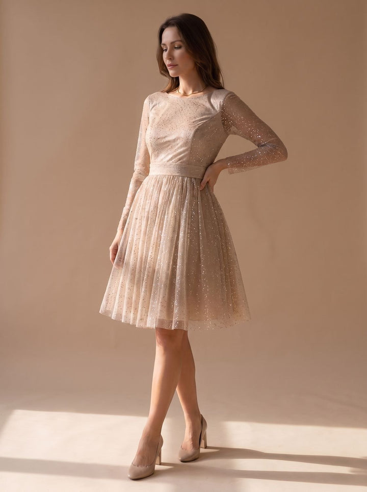 Women's Long-Sleeve Glitter Tulle A-Line Occasion Dress - Champagne