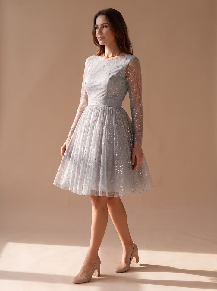 Women's Long-Sleeve Glitter Tulle A-Line Occasion Dress - Gray