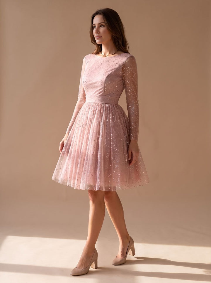 Women's Long-Sleeve Glitter Tulle A-Line Occasion Dress