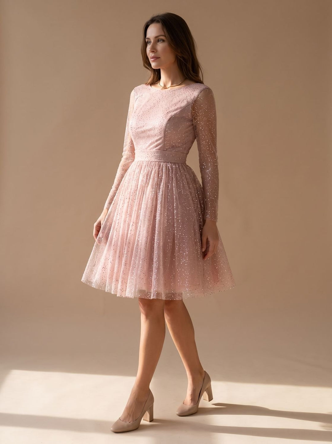 Women's Long-Sleeve Glitter Tulle A-Line Occasion Dress - Pink