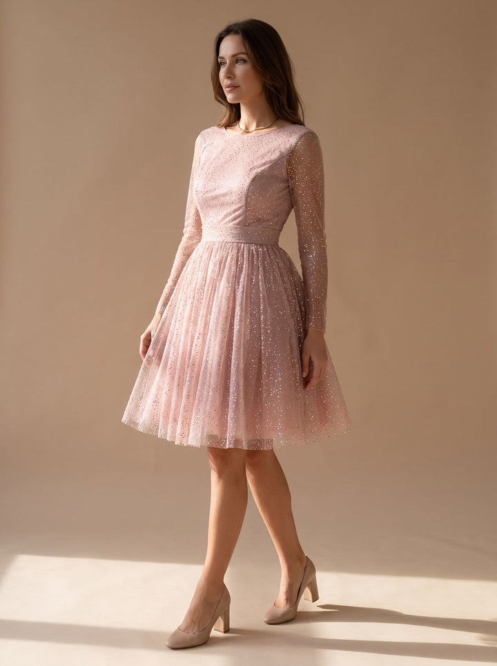 Women's Long-Sleeve Glitter Tulle A-Line Occasion Dress - Pink