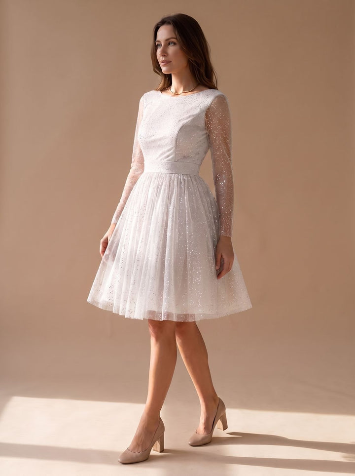 Women's Long-Sleeve Glitter Tulle A-Line Occasion Dress - White
