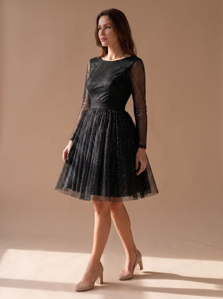 Women's Long-Sleeve Glitter Tulle A-Line Occasion Dress - Black
