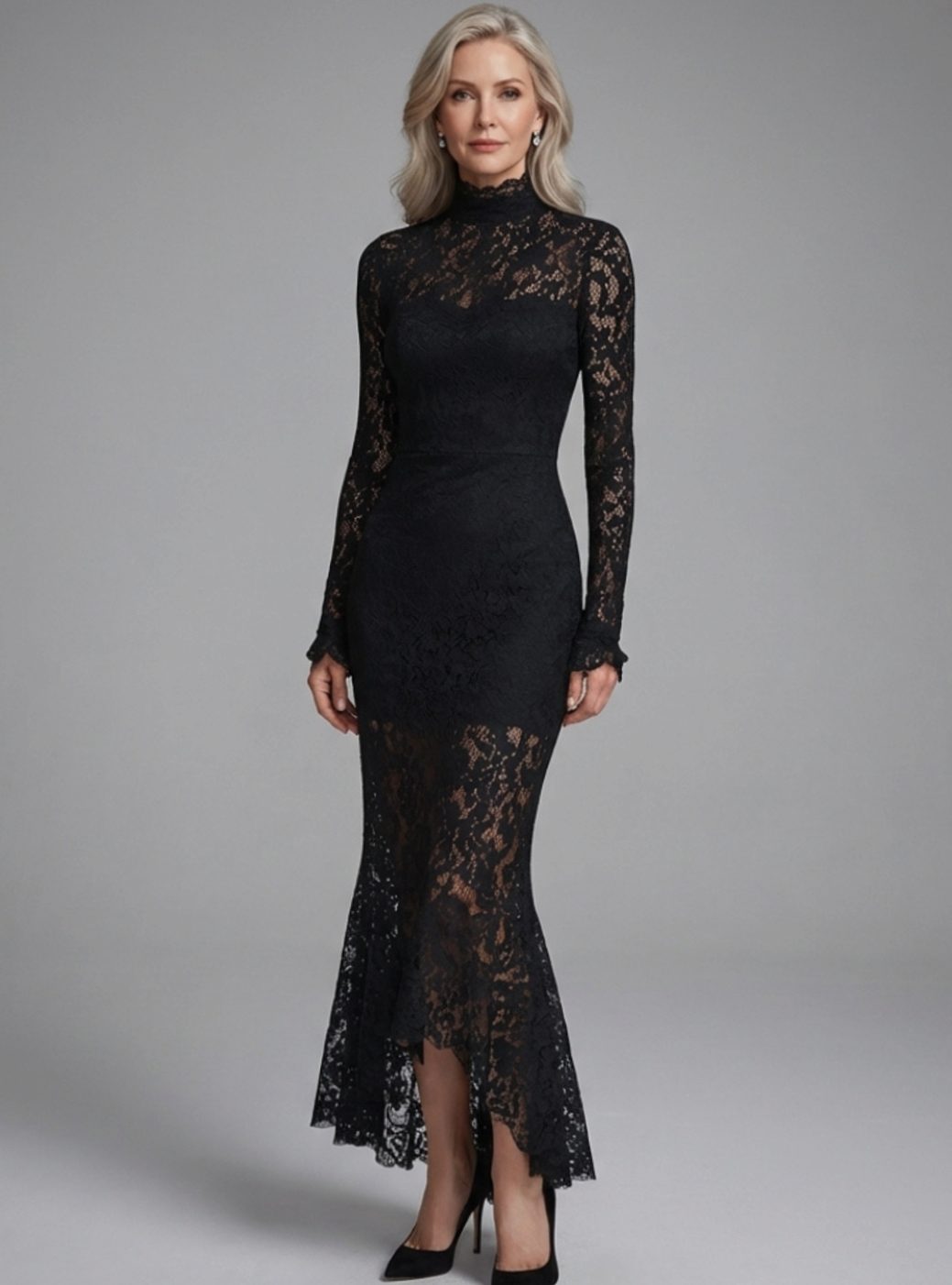 Women's Long-Sleeve High-Neck Lace Mermaid Midi Dress - Black
