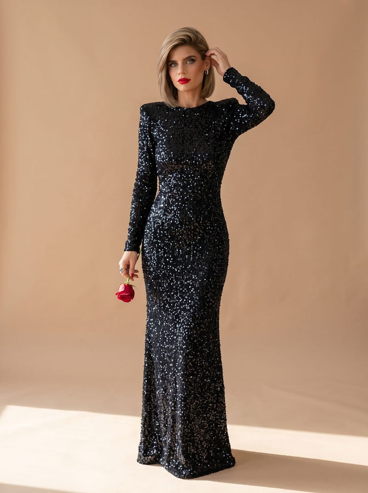 Women's Long-Sleeve Open-Back Sequin Maxi Dress
