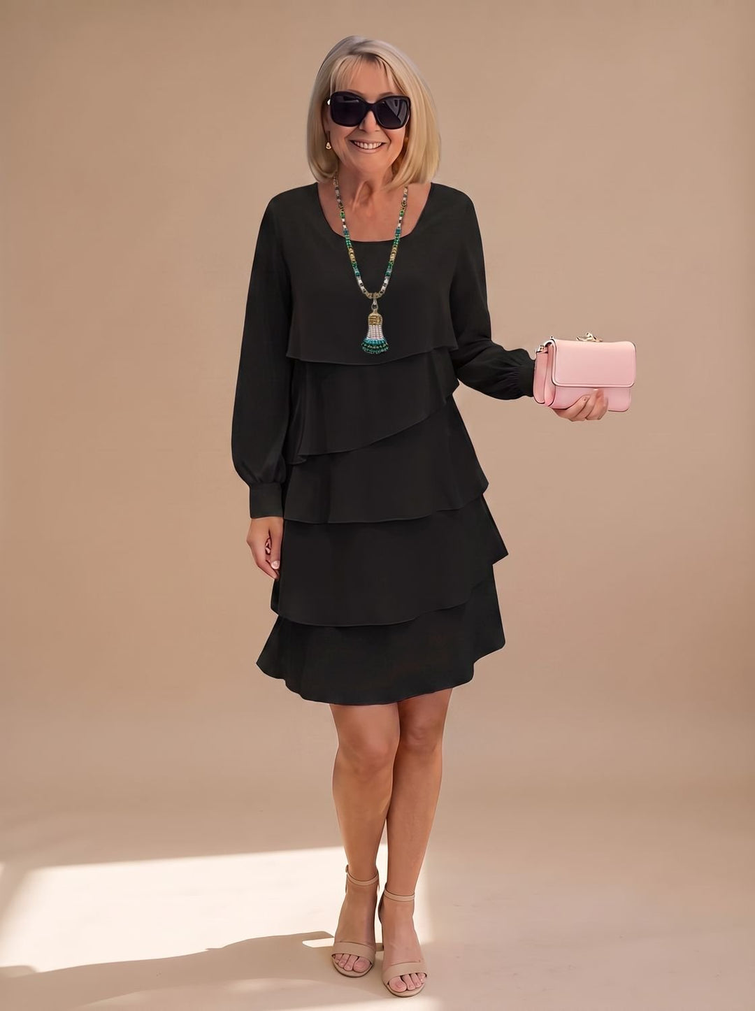 Women's Long-Sleeve Tiered Ruffle Midi Dress - Black