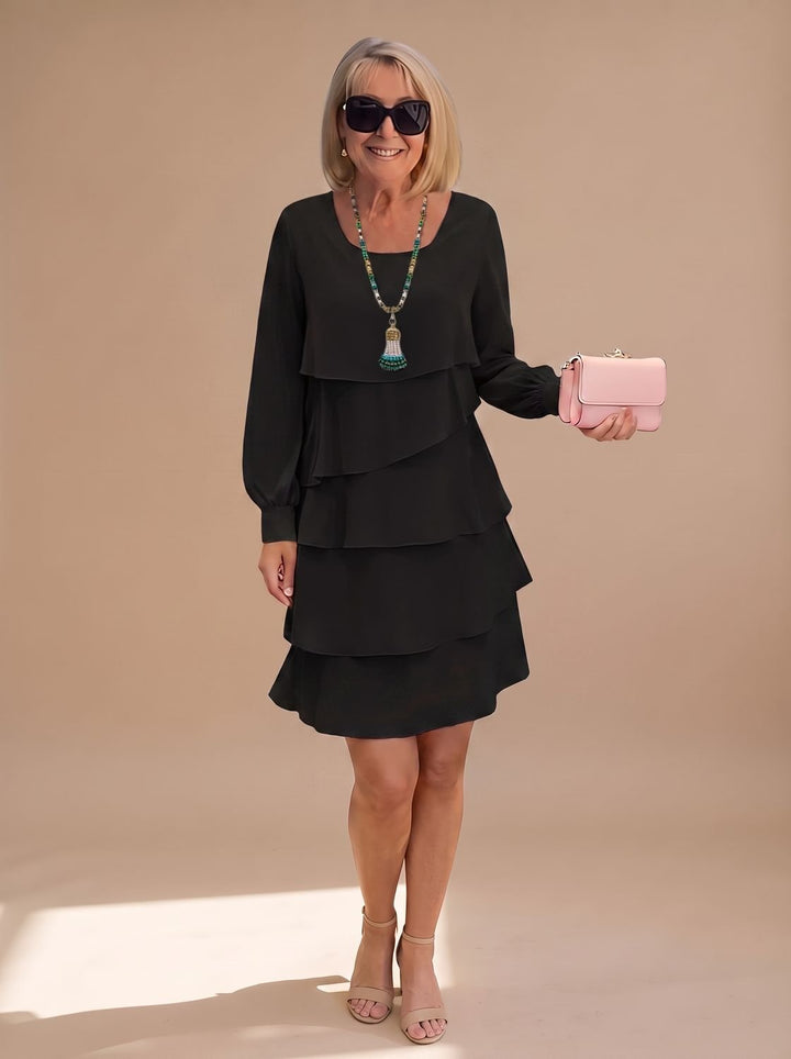 Women's Long-Sleeve Tiered Ruffle Midi Dress - Black