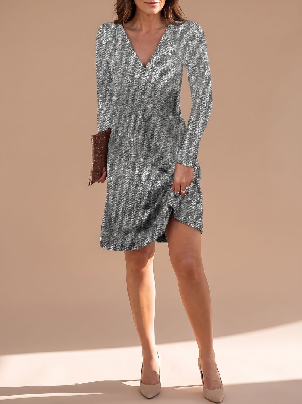 Women's Long-Sleeve V-Neck Sequin Christmas Party Mini Dress